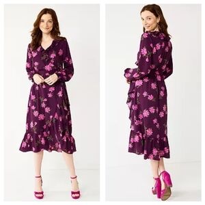 DRAPER JAMES RSVP Women's Long Sleeve Ruffle Midi Dress Sz XS Purple Plum